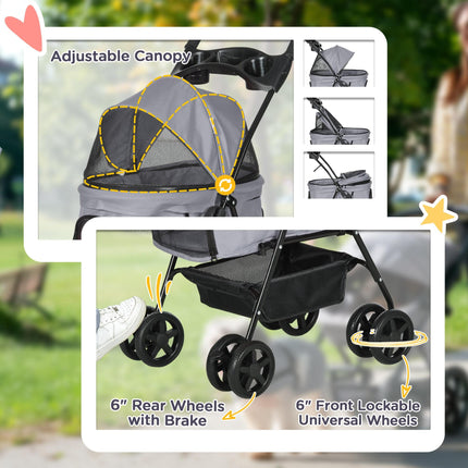 Pet Stroller for Small Dogs and Cats with One-Click Fold, EVA Wheels, Brake, Basket, Adjustable Canopy, Safety Leash - Grey
