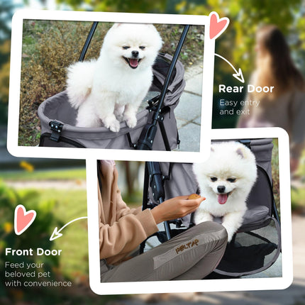 Pet Stroller for Small Dogs and Cats with One-Click Fold, EVA Wheels, Brake, Basket, Adjustable Canopy, Safety Leash - Grey