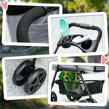 Pet Stroller for Small Dogs and Cats with One-Click Fold, EVA Wheels, Brake, Basket, Adjustable Canopy, Safety Leash - Grey