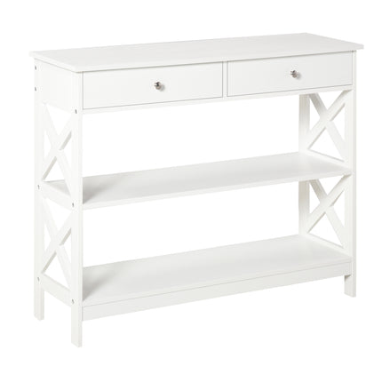 Console Table Side Desk with Drawers and Shelves, X Support Frame - White