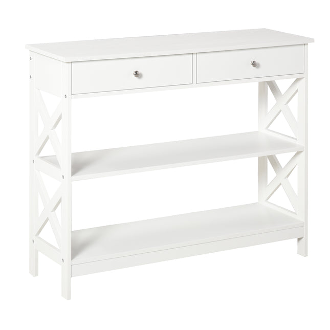 Console Table Side Desk with Drawers and Shelves, X Support Frame - White