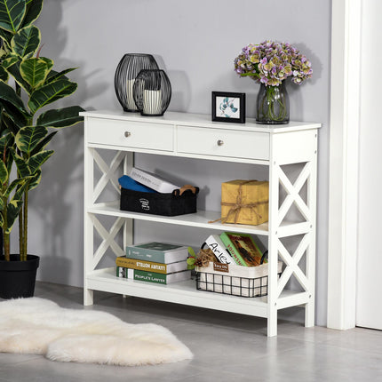 Console Table Side Desk with Drawers and Shelves, X Support Frame - White