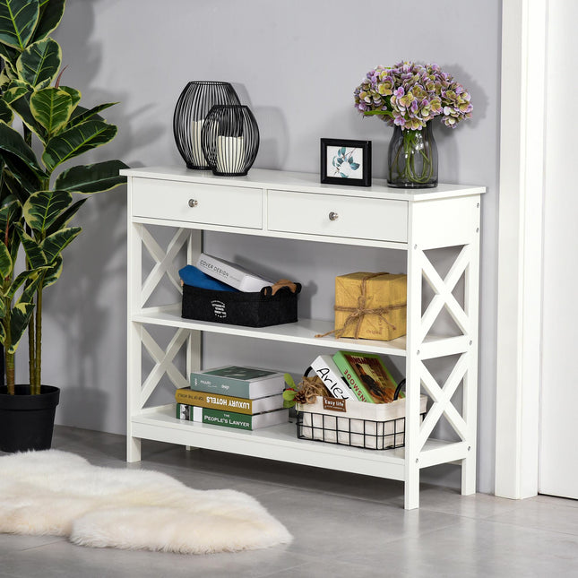 Console Table Side Desk with Drawers and Shelves, X Support Frame - White