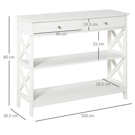 Console Table Side Desk with Drawers and Shelves, X Support Frame - White