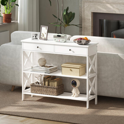 Console Table Side Desk with Drawers and Shelves, X Support Frame - White