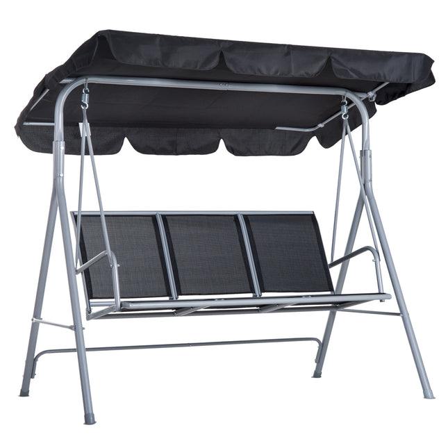 3 Seater Metal Patio Swing Chair with Adjustable Canopy - Black