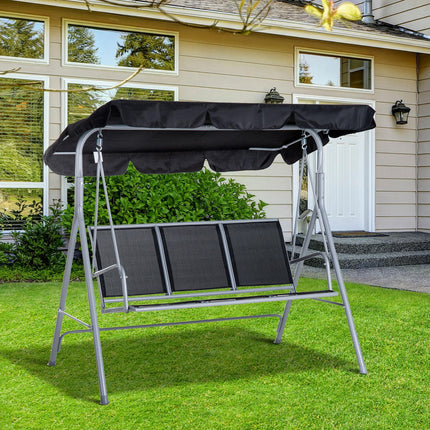 3 Seater Metal Patio Swing Chair with Adjustable Canopy - Black