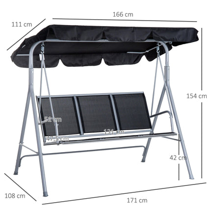 3 Seater Metal Patio Swing Chair with Adjustable Canopy - Black