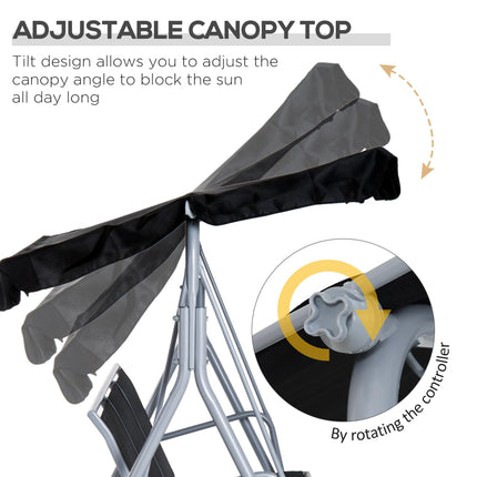 3 Seater Metal Patio Swing Chair with Adjustable Canopy - Black