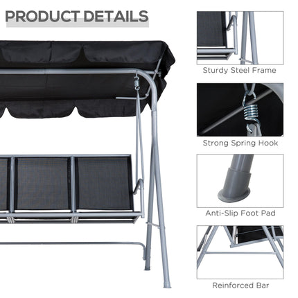 3 Seater Metal Patio Swing Chair with Adjustable Canopy - Black