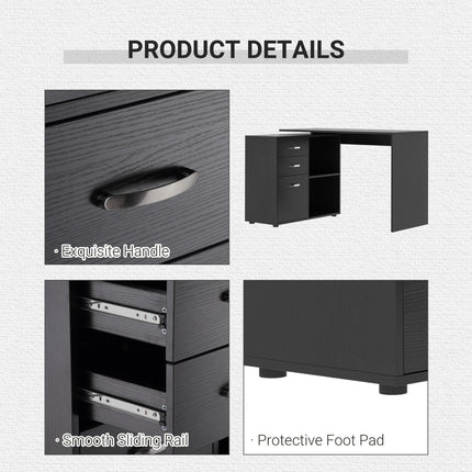 L-Shaped Computer Desk Workstation with Drawer, Shelf & File Cabinet - Black