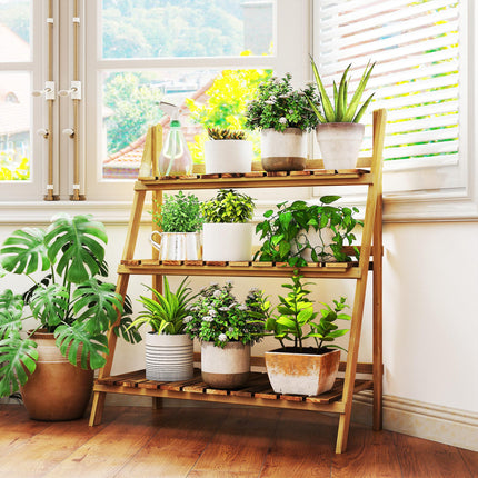 3 Tier Folding Wooden Flower Pot Stand Ladder Garden Display Rack - Brown