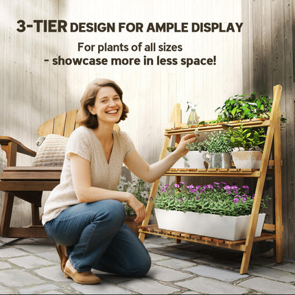 3 Tier Folding Wooden Flower Pot Stand Ladder Garden Display Rack - Brown
