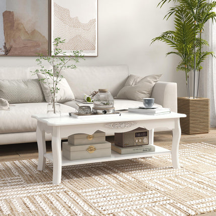 White Coffee Table Wood Cocktail Tea Centre Table with Storage Shelf for Living