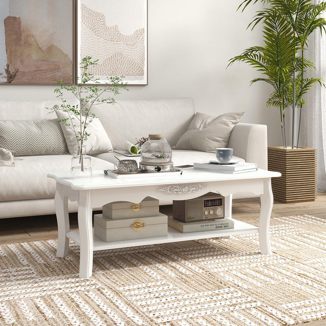 White Coffee Table Wood Cocktail Tea Centre Table with Storage Shelf for Living