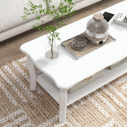 White Coffee Table Wood Cocktail Tea Centre Table with Storage Shelf for Living