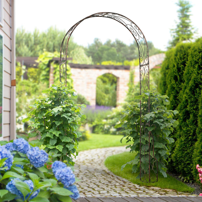 Metal Garden Rose Arch Trellis with Scroll Design 120x30x226cm - Black