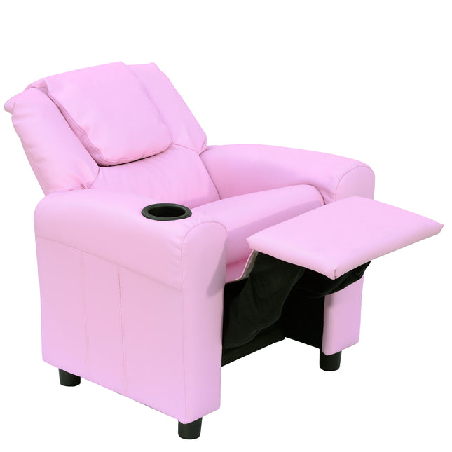 Children's Recliner Armchair with Cup Holder and Reclining Footrest - Pink PU Leather