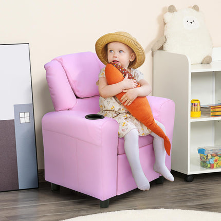 Children's Recliner Armchair with Cup Holder and Reclining Footrest - Pink PU Leather