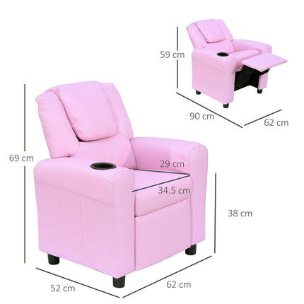 Children's Recliner Armchair with Cup Holder and Reclining Footrest - Pink PU Leather