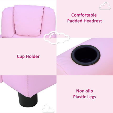 Children's Recliner Armchair with Cup Holder and Reclining Footrest - Pink PU Leather