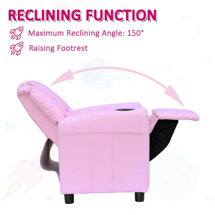 Children's Recliner Armchair with Cup Holder and Reclining Footrest - Pink PU Leather