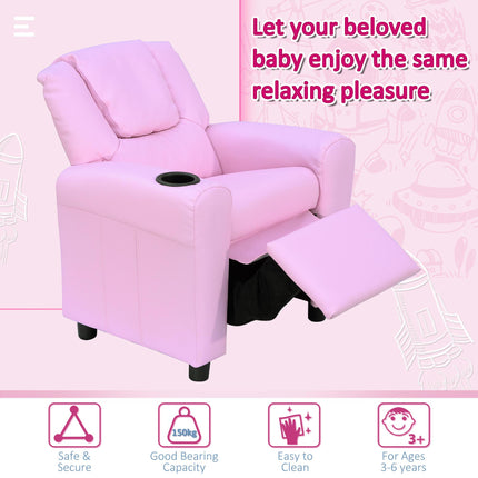 Children's Recliner Armchair with Cup Holder and Reclining Footrest - Pink PU Leather