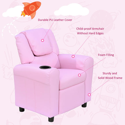 Children's Recliner Armchair with Cup Holder and Reclining Footrest - Pink PU Leather