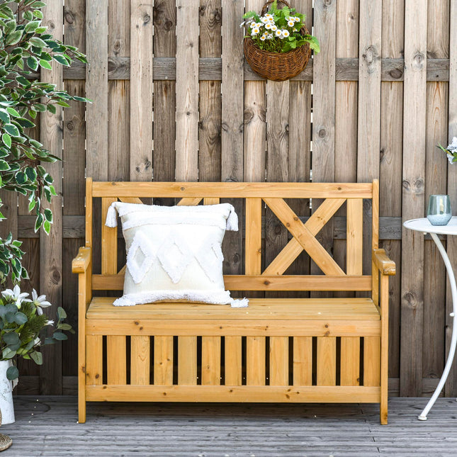 2 Seater Wood Garden Bench with Storage Chest and High Back - Brown