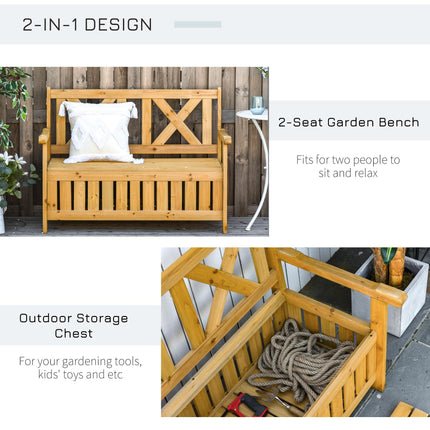 2 Seater Wood Garden Bench with Storage Chest and High Back - Brown