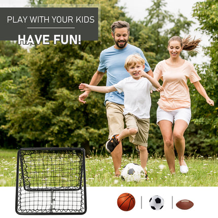Angle Adjustable Double Sided Rebounder Net Training Aid for Football, Baseball & Basketball 75L x 75W cm - Black