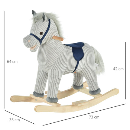 Kids Ribbed Plush Ride-On Rocking Horse with Sound - Grey