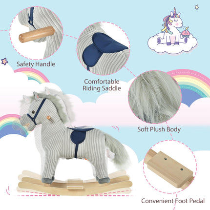 Kids Ribbed Plush Ride-On Rocking Horse with Sound - Grey