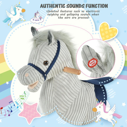 Kids Ribbed Plush Ride-On Rocking Horse with Sound - Grey