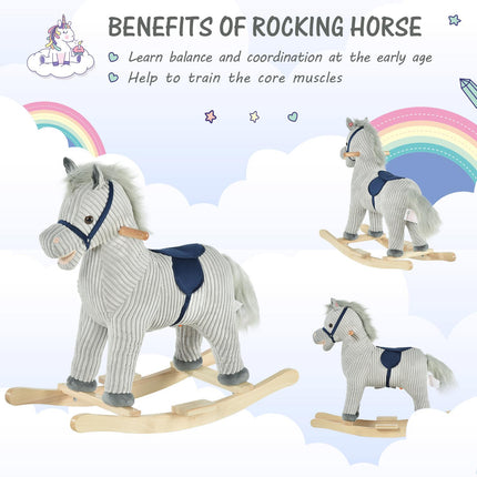 Kids Ribbed Plush Ride-On Rocking Horse with Sound - Grey