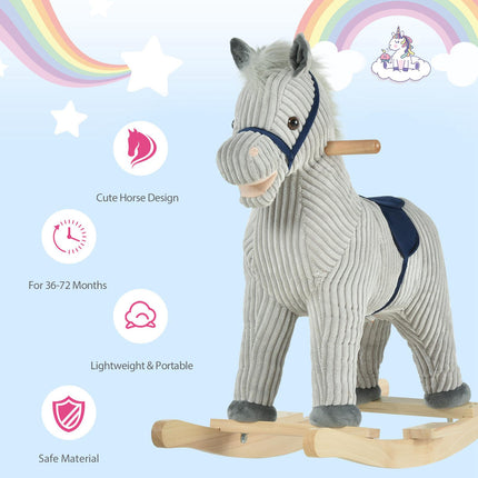 Kids Ribbed Plush Ride-On Rocking Horse with Sound - Grey