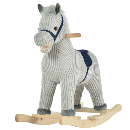 Kids Ribbed Plush Ride-On Rocking Horse with Sound - Grey