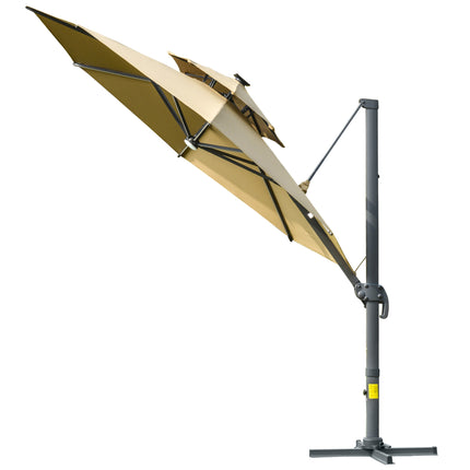 3m Cantilever Parasol w/ Solar Lights Power Bank Base 360¬∞ Spin Khaki