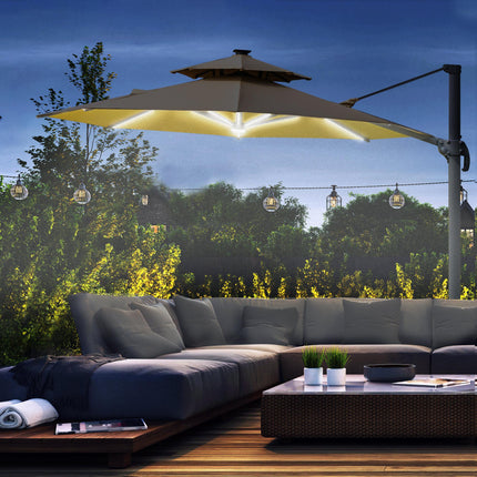 3m Cantilever Parasol w/ Solar Lights Power Bank Base 360¬∞ Spin Khaki