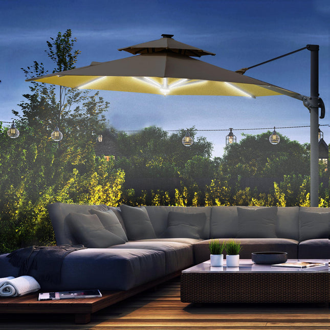 3m Cantilever Parasol w/ Solar Lights Power Bank Base 360¬∞ Spin Khaki