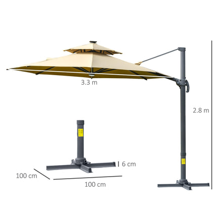 3m Cantilever Parasol w/ Solar Lights Power Bank Base 360¬∞ Spin Khaki