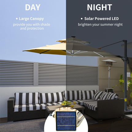 3m Cantilever Parasol w/ Solar Lights Power Bank Base 360¬∞ Spin Khaki