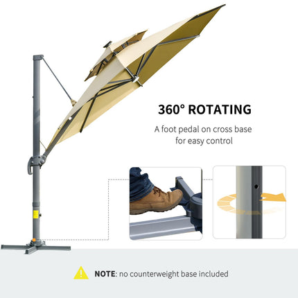 3m Cantilever Parasol w/ Solar Lights Power Bank Base 360¬∞ Spin Khaki