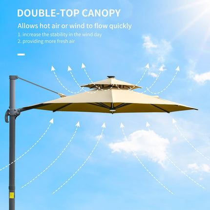 3m Cantilever Parasol w/ Solar Lights Power Bank Base 360¬∞ Spin Khaki