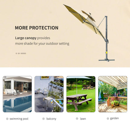 3m Cantilever Parasol w/ Solar Lights Power Bank Base 360¬∞ Spin Khaki