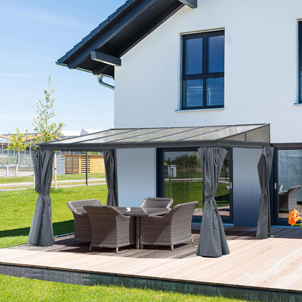 4 x 3m Outdoor Hardtop Pergola with PC Roof, Aluminium Frame, Curtains Wall Lean-To Gazebo - Grey
