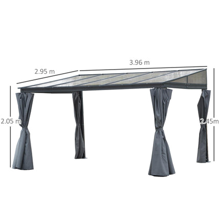 4 x 3m Outdoor Hardtop Pergola with PC Roof, Aluminium Frame, Curtains Wall Lean-To Gazebo - Grey