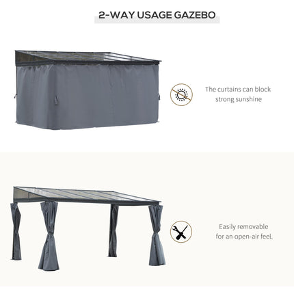 4 x 3m Outdoor Hardtop Pergola with PC Roof, Aluminium Frame, Curtains Wall Lean-To Gazebo - Grey