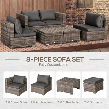 8 Piece Grey Rattan Garden Sofa Set with Cushions and Tables