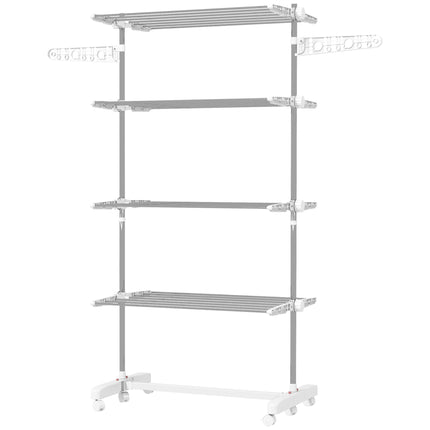 Adjustable 4-Layer Folding Garment Rack with Wheels - White & Silver